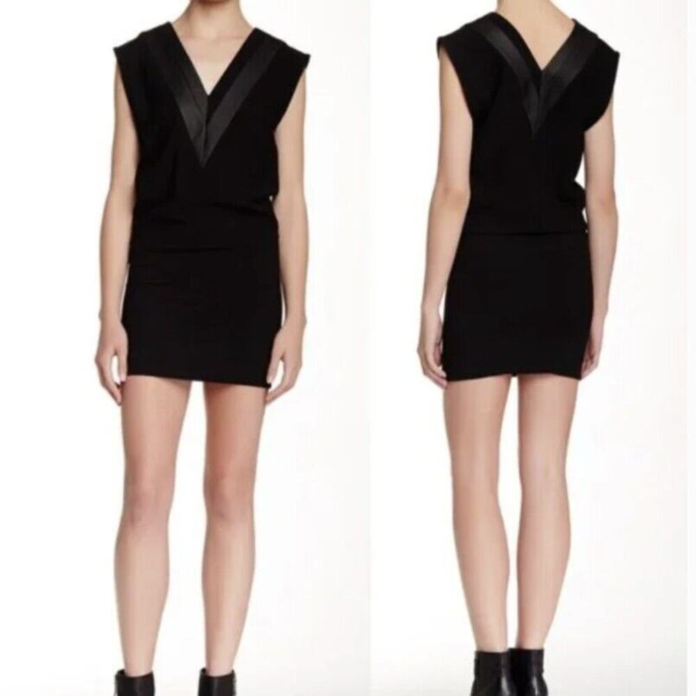 IRO Black Leather Trim Kacil V-Neck Sleeveless Mini Dress, Size 8 Large